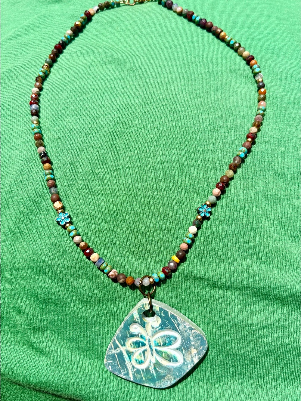 Handcrafted Multicolor gemstone Bead Necklace with Turquoise Butterfly Pendant